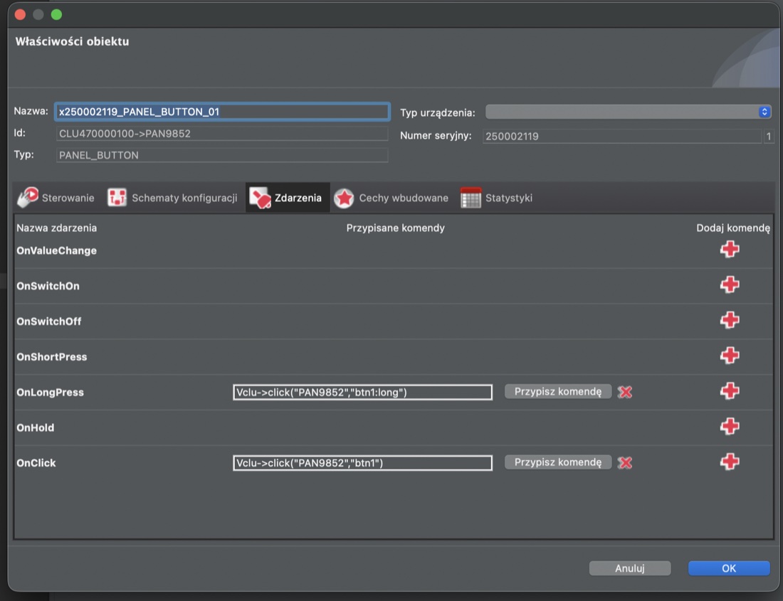 Object Manager: zdarzenia OnClick i OnLongPress przycisku panelu wywołują skrypt click na vCLU