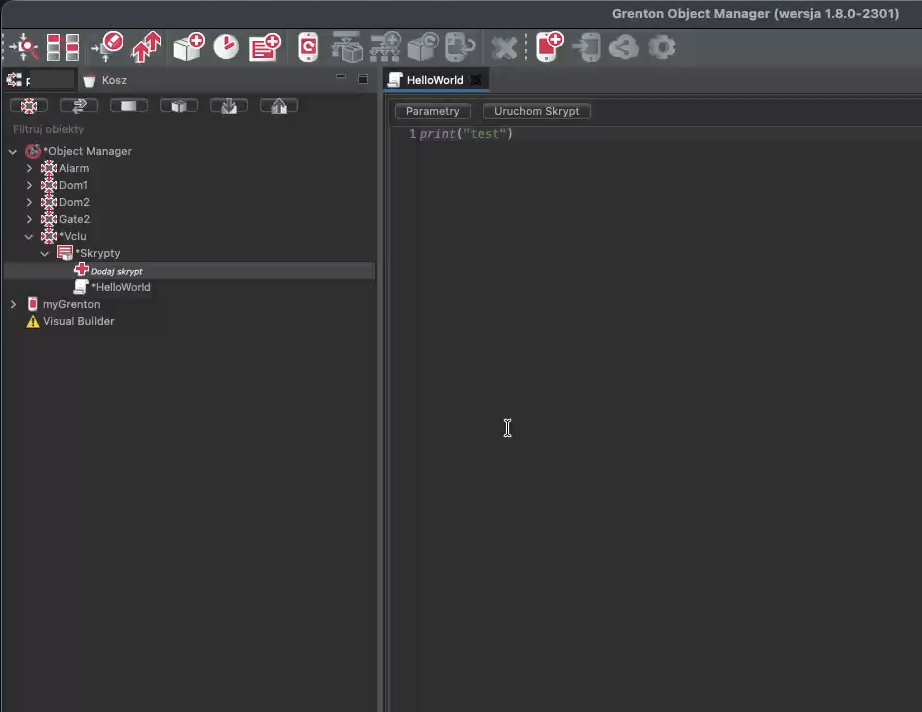 Skrypt HelloWorld w Object Managerze