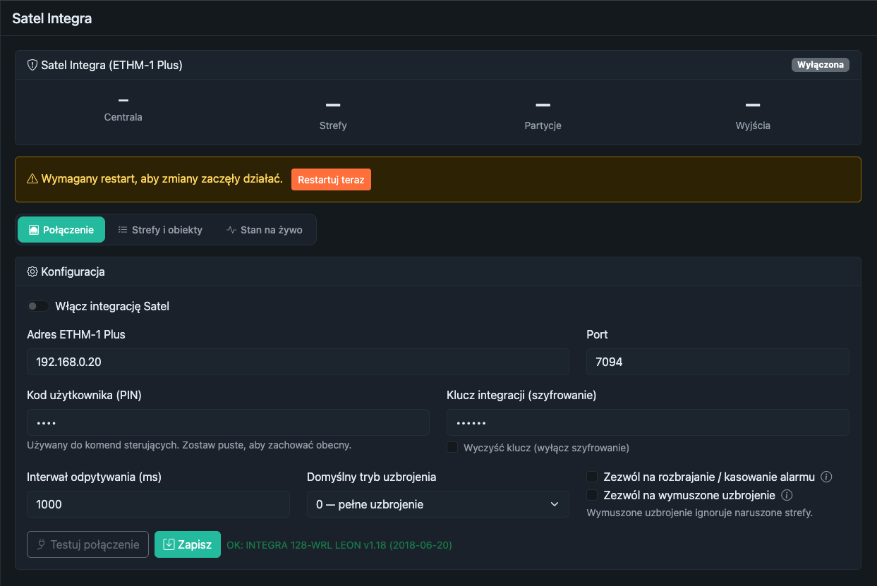 Panel vCLU - integracja Satel: zakładka Połączenie z udanym testem połączenia