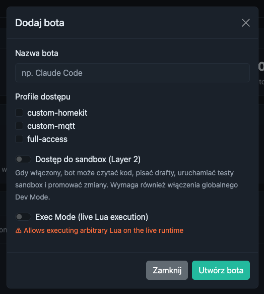 Panel vCLU - dodawanie bota MCP: nazwa, profile dostępu, sandbox i Exec Mode
