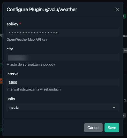 Konfiguracja pluginu Weather w panelu vCLU